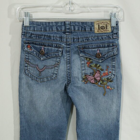 Y2K l.e.i. Jeans Kids 10 Regular Butterfly Embroidered Flare Blue Denim - Picture 1 of 10
